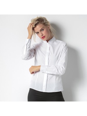 Plain Women's mandarin collar fitted shirt long sleeve Kustom Kit 115 GSM